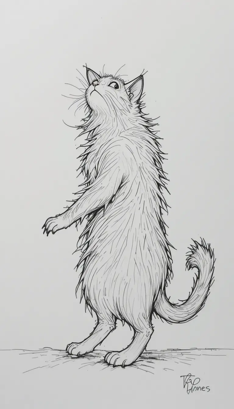 Playful long haired cartoon cat in minimalist sketch style