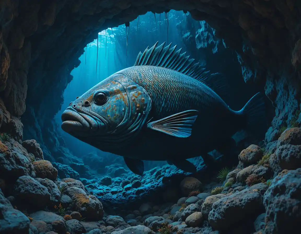 Large grouper fish in shadowy underwater cave close up