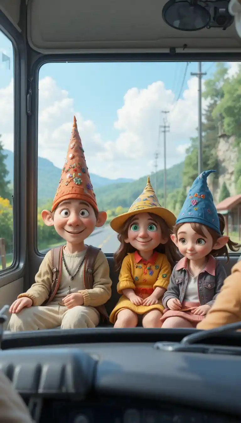 Funny clay characters riding a bus on summer highway