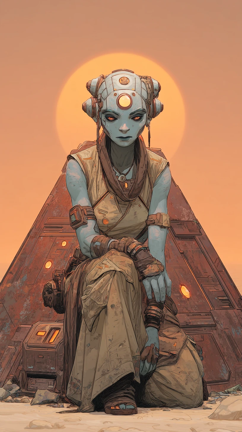 Alien archaeologist woman kneeling by a glowing metal obelisk