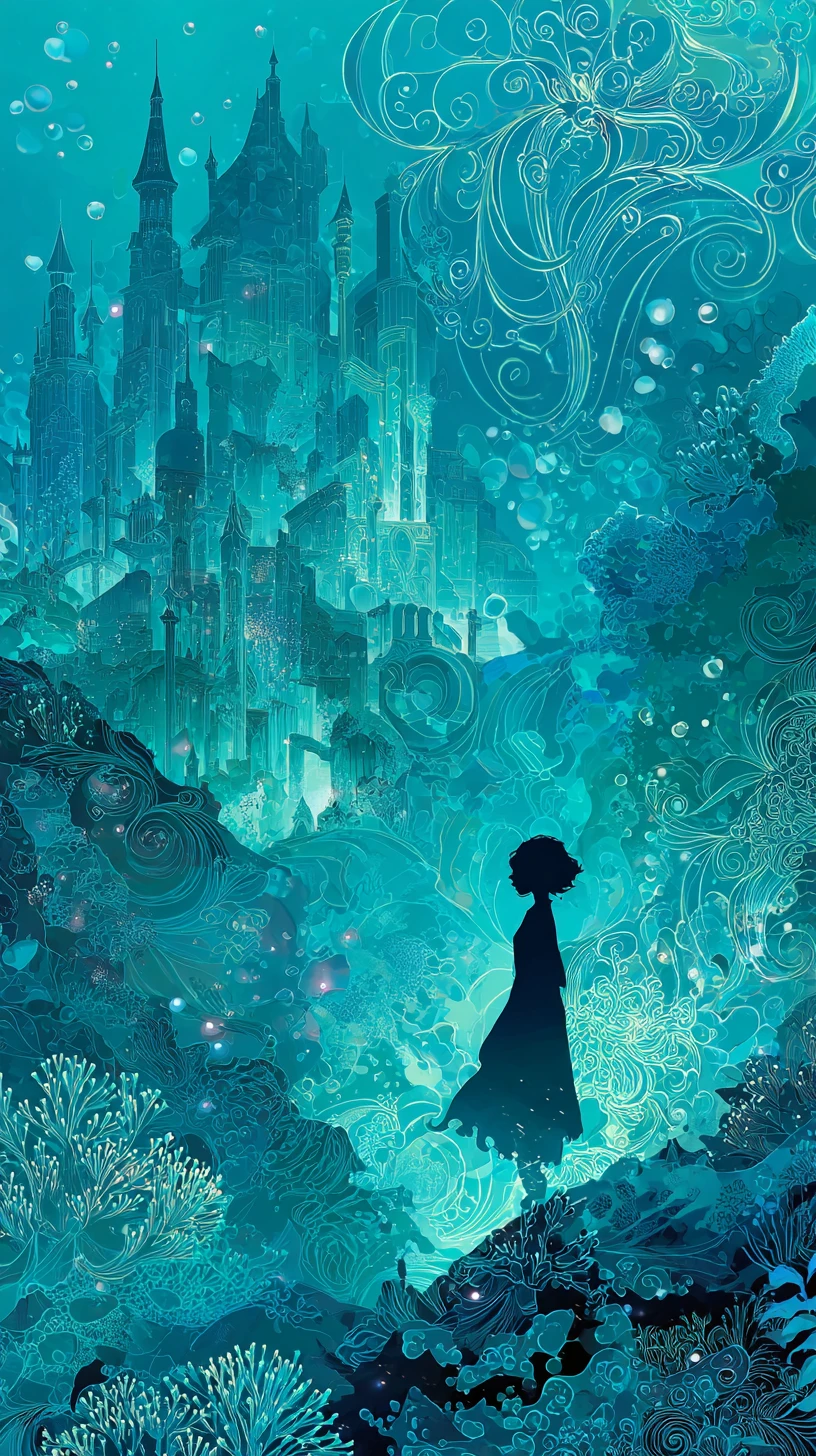 Feminine silhouette revealing a submerged fairytale underwater kingdom