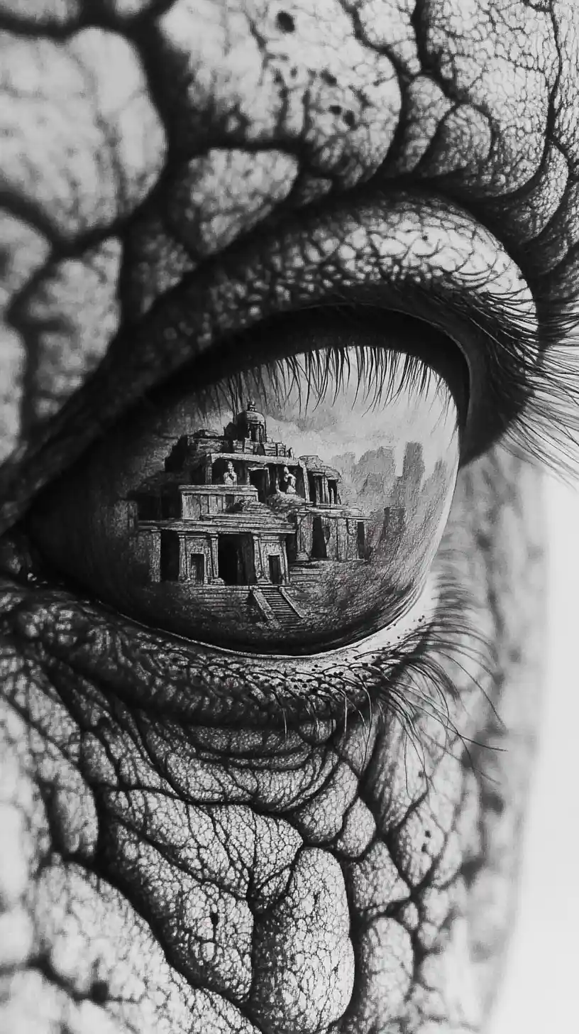 Surreal close up of an elephant eye with ancient ruins