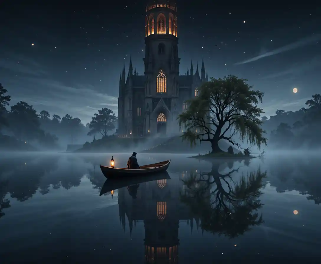 Gothic cathedral reflected in a midnight lake with lone boat