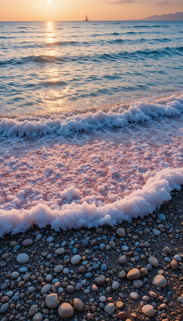 Serene sea coast with sand pebbles and sunrise glow