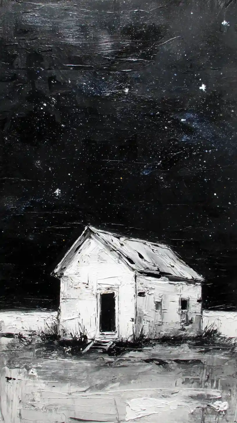 Lonely figure beside a small house under starry night
