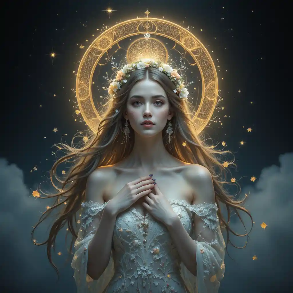 Celestial woman with golden halo and floral lace dress