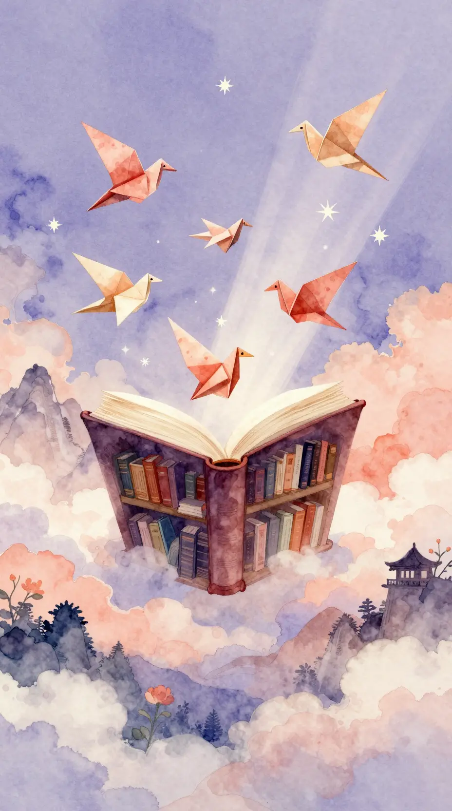 Surreal watercolor library floating on soft dreamlike clouds