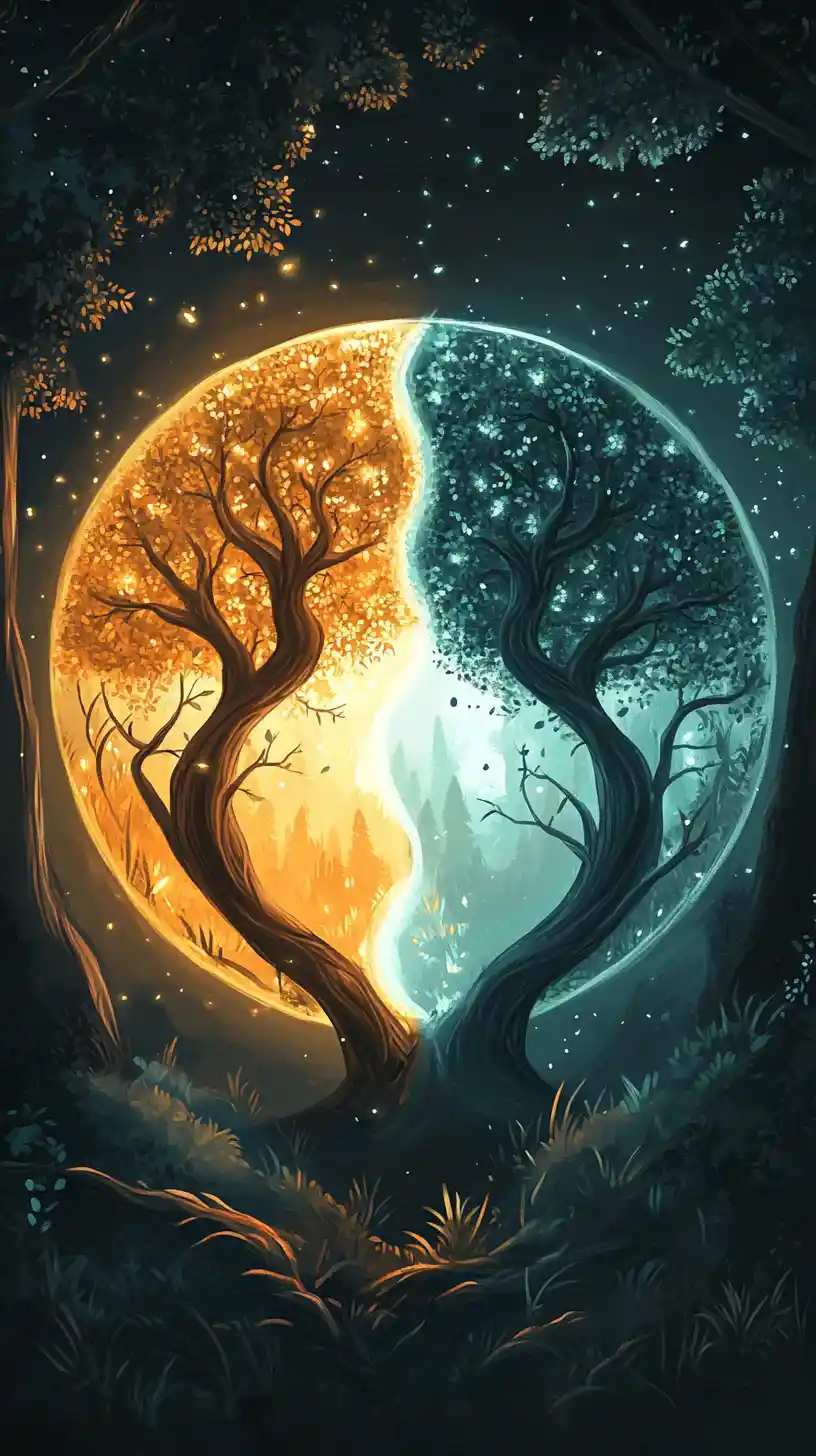 Alberi Yin Yang Fiabeschi in una Foresta Fantastica Pastello