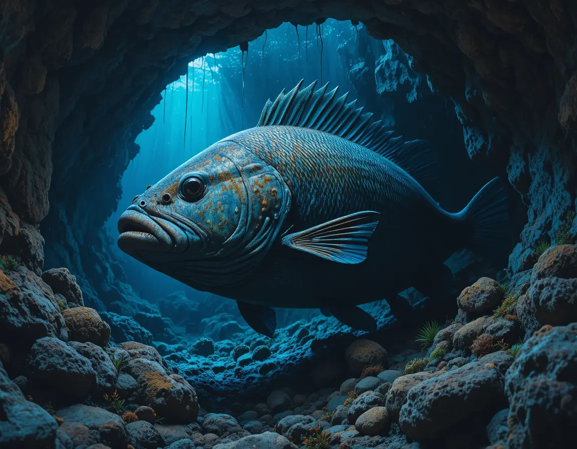 Large grouper fish in shadowy underwater cave close up