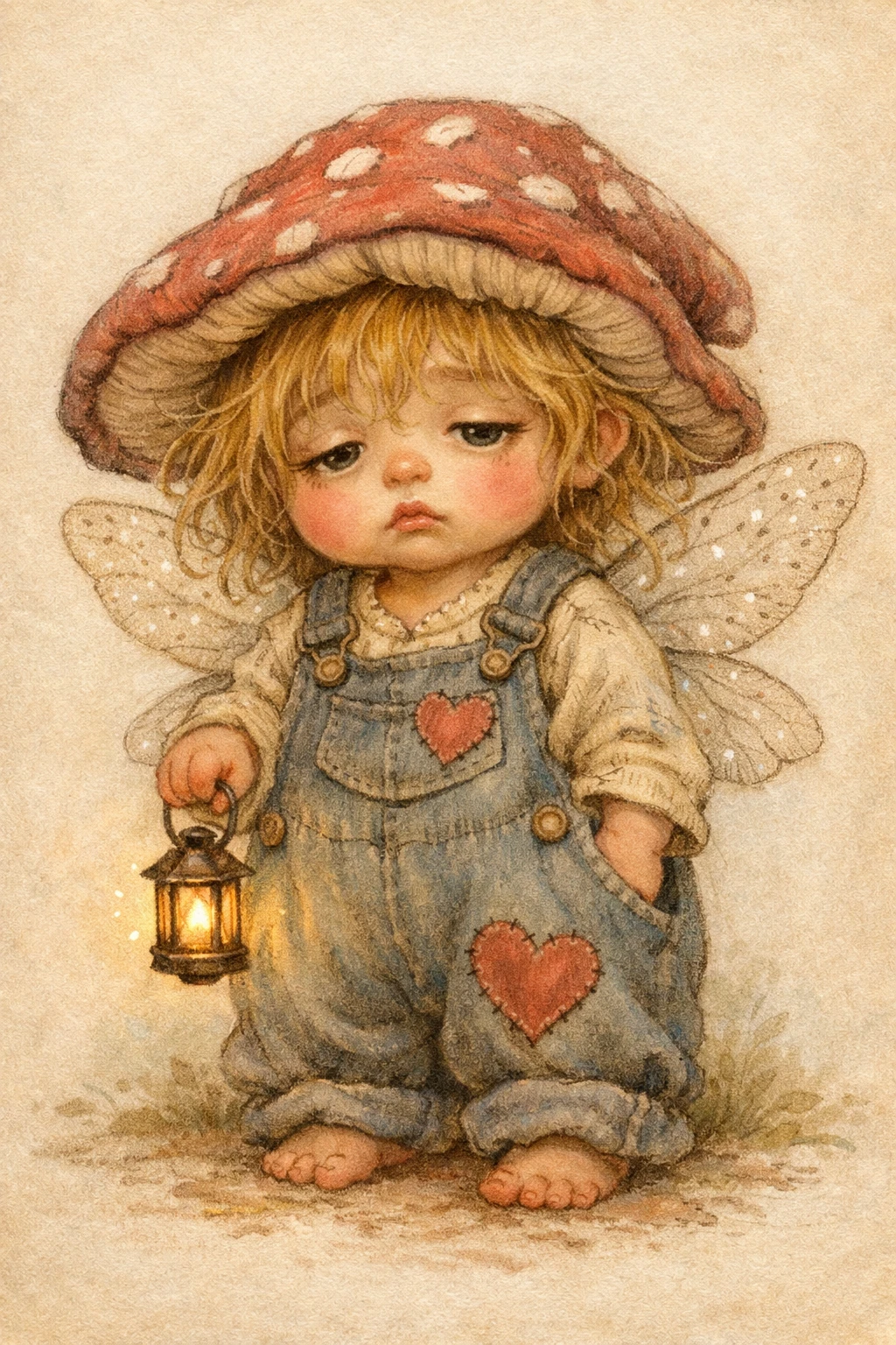 Niña hada somnolienta sosteniendo una diminuta linterna brillante