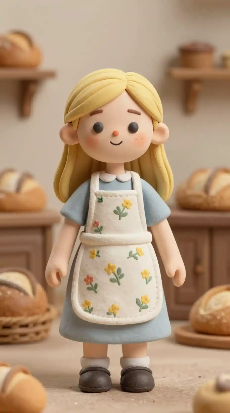 Claymation Girl In Apron In Cozy Rustic Bakery Scene