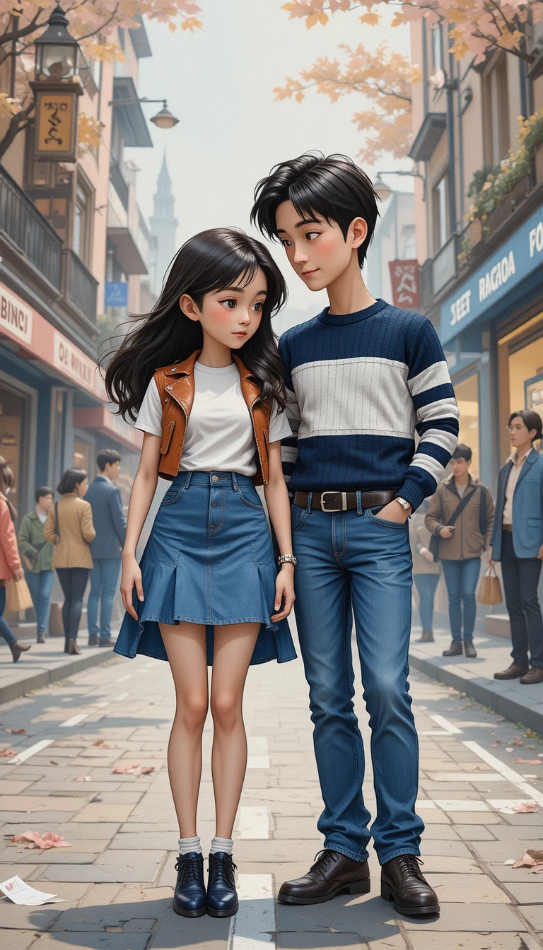 Grande fille et petit garçon amis dans une rue de ville chaleureuse
