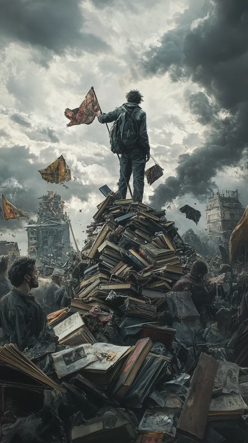 Weary man on barricade of books before stormy city stage