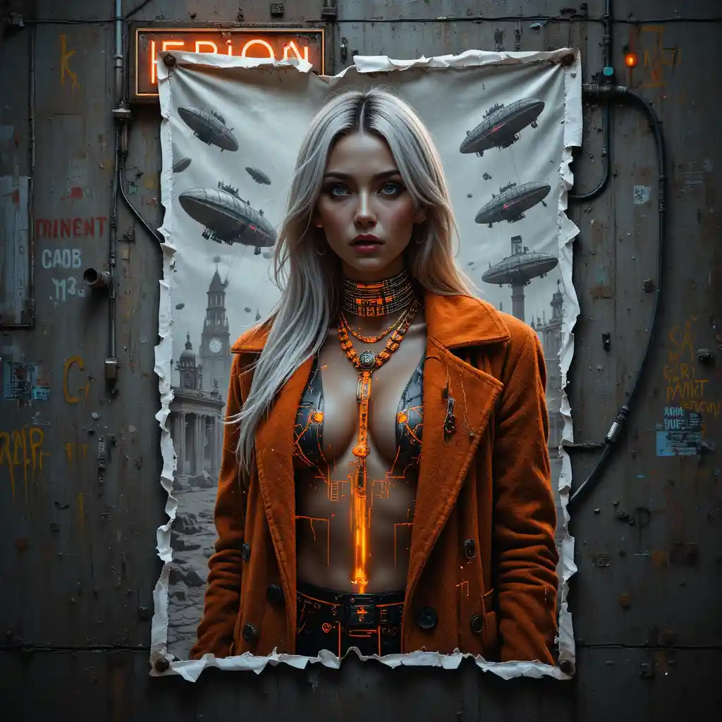 Affiche de femme noir éclairée au néon dans une ruelle urbaine sous la pluie
