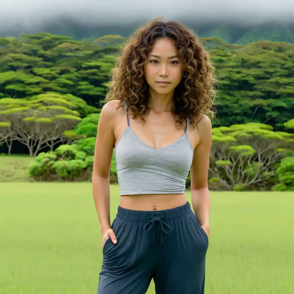 Okinawan woman standing in a field on a cloudy day