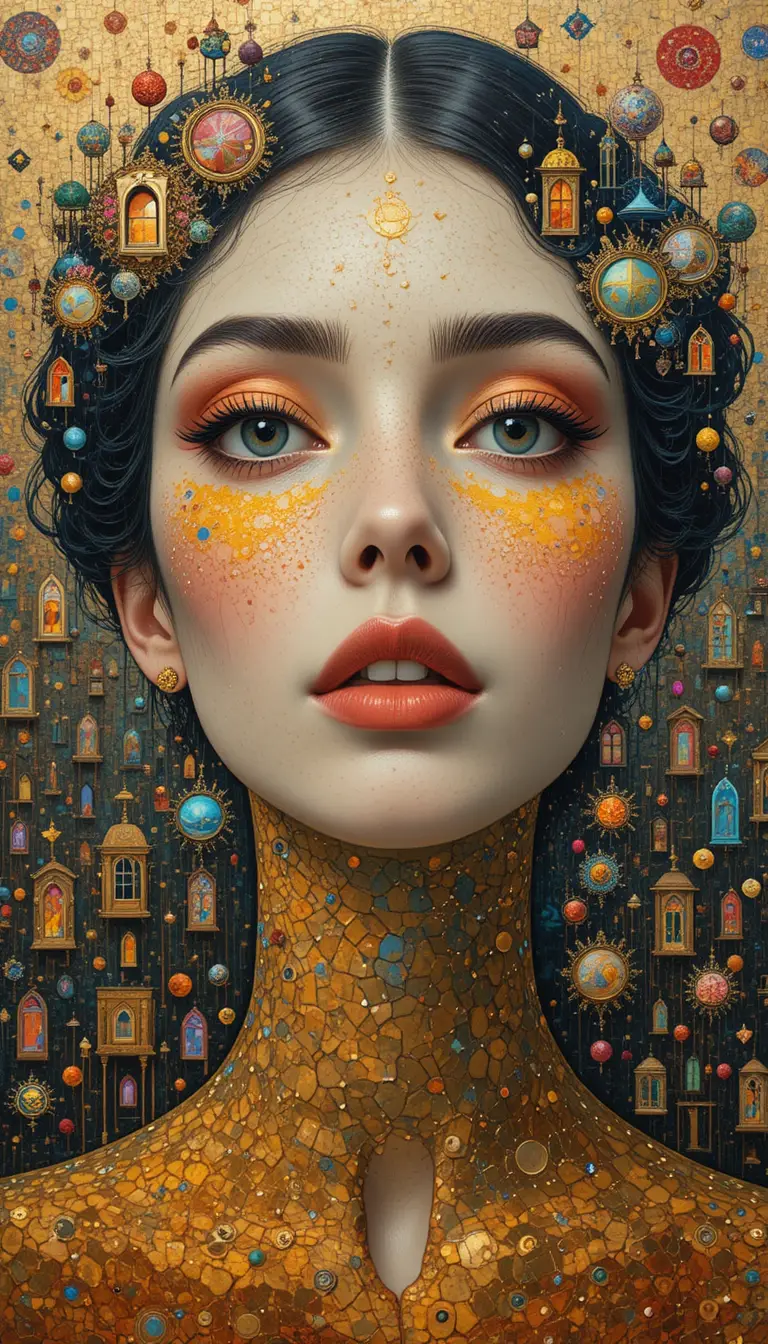 Surreal faces in golden mosaics amid shifting fractal worlds