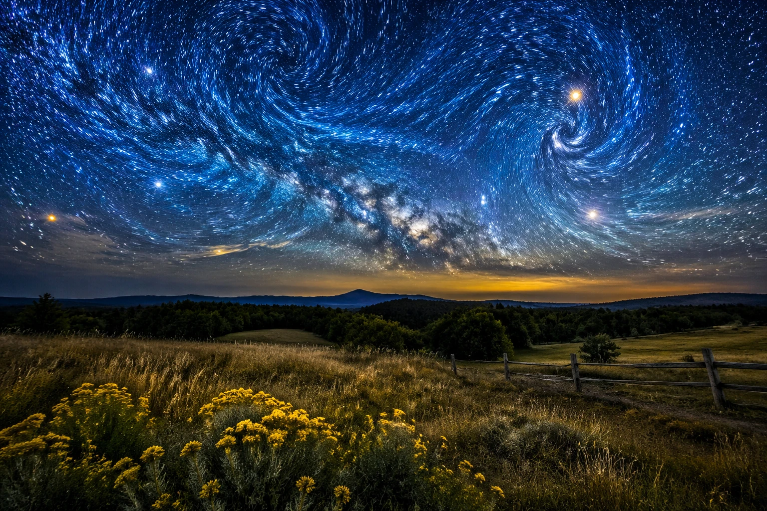 Starry night sky over a peaceful natural landscape