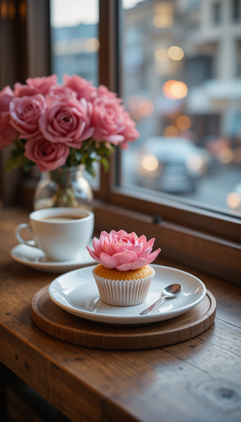 Lotus flower cupcake on tray in cozy cafe setting