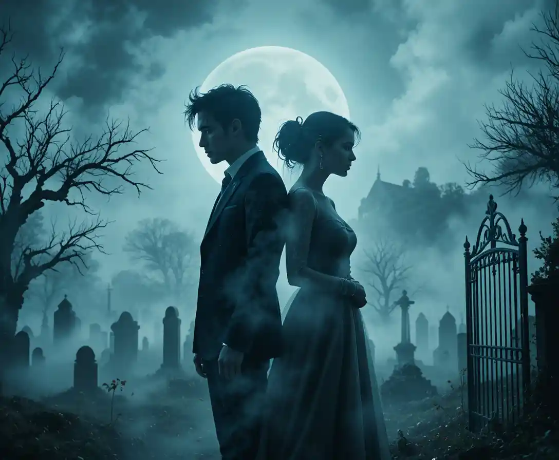 Gothic couple in foggy graveyard with haunting double exposure