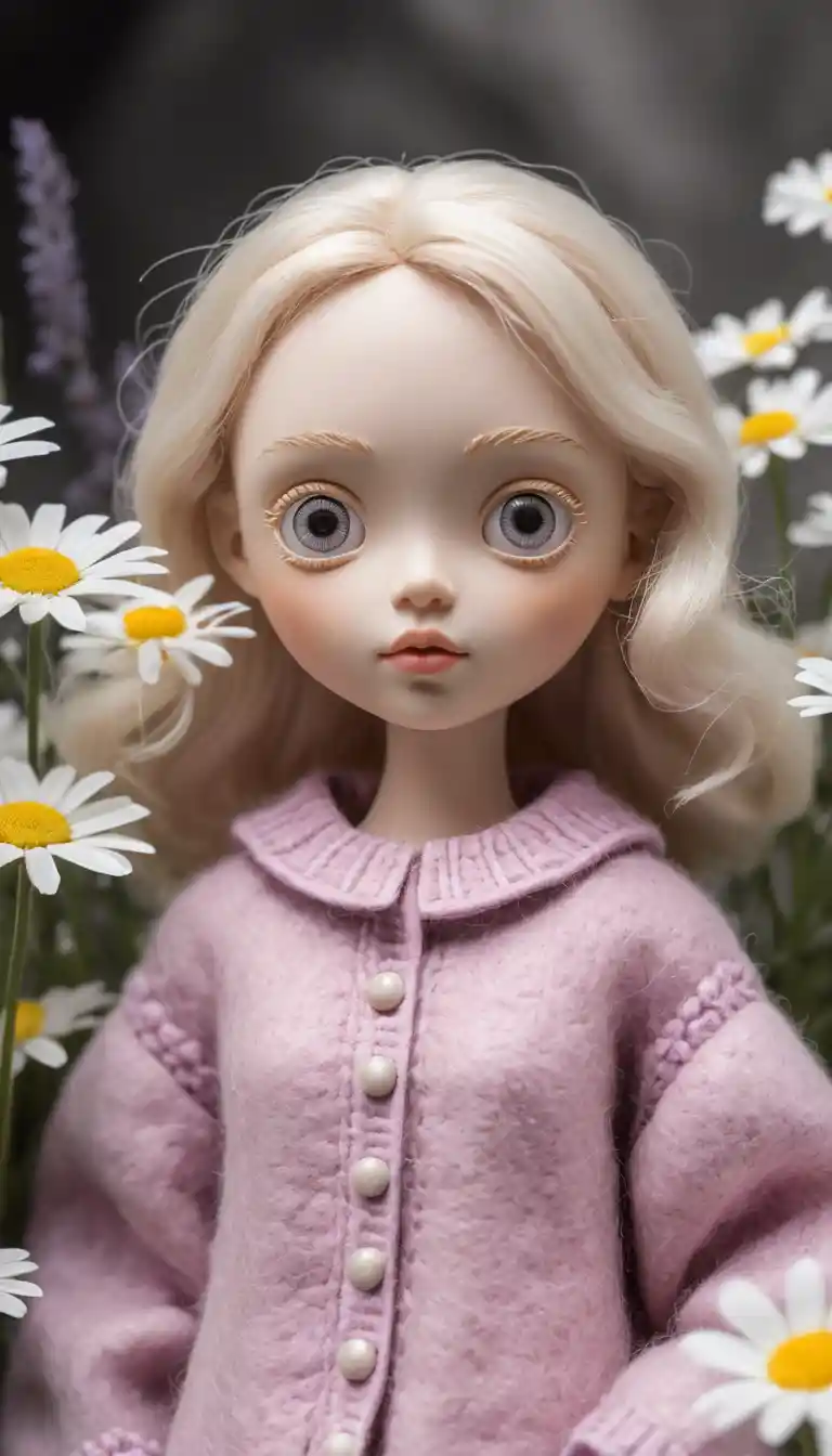 Whimsical Felt Doll Girl Among Daisies And Lavender