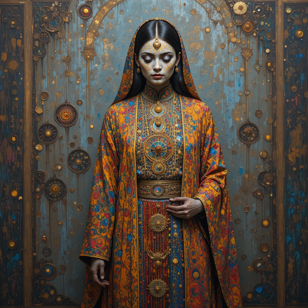 Oracle in a golden ceremonial robe and shifting painted skin