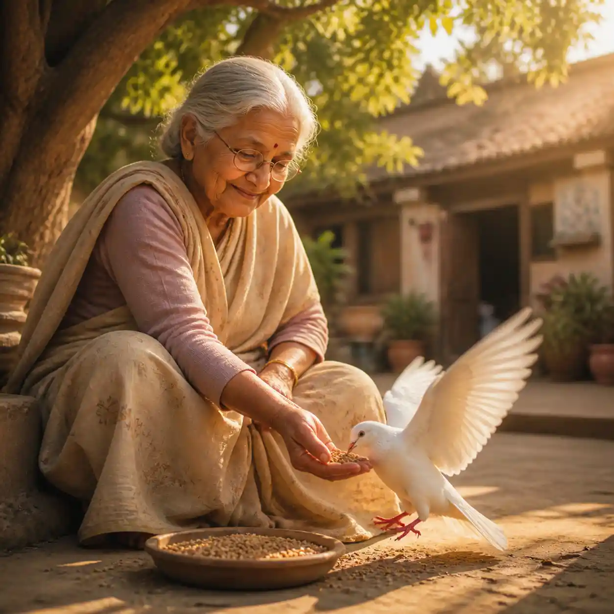 Grandmother Feeding A White Pigeon In A Sunny Village Courtyard