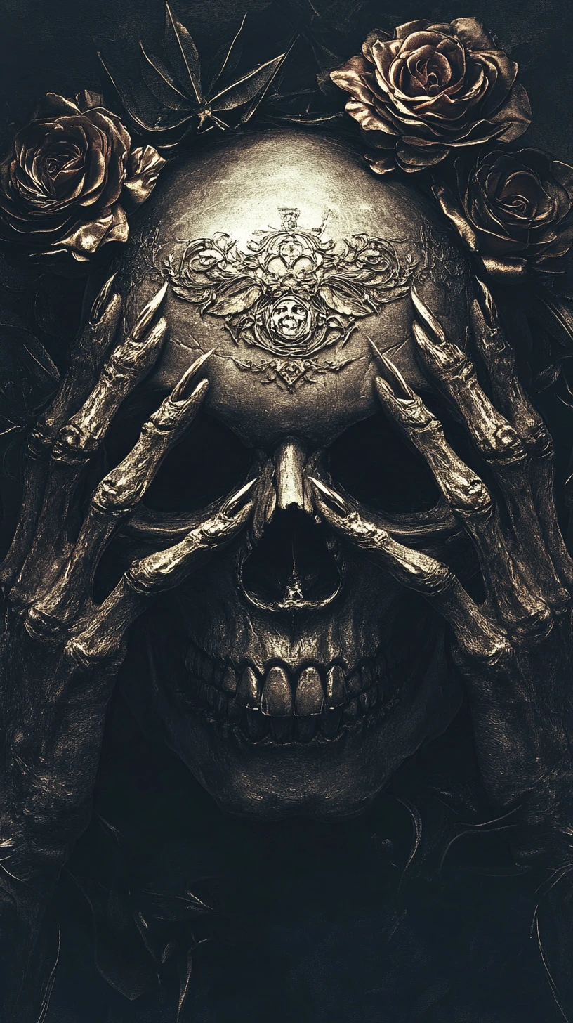 Skull With Covered Eyes And Roses In Dark Glow