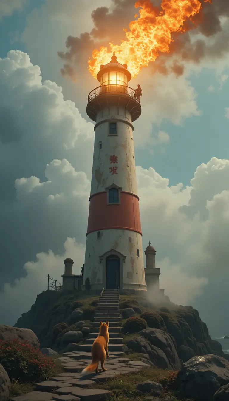 Renard regardant un chat grimper le flanc d’un haut phare