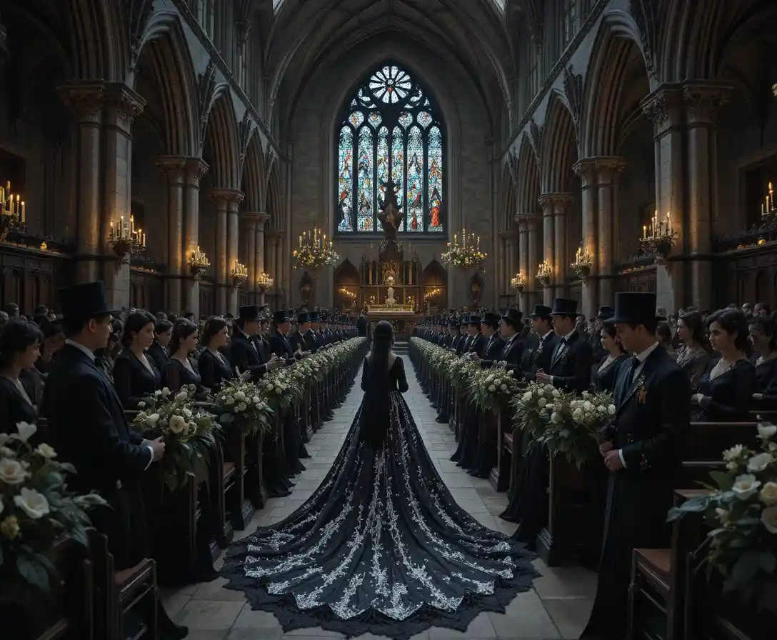 Gothic midnight wedding in a candlelit stone abbey