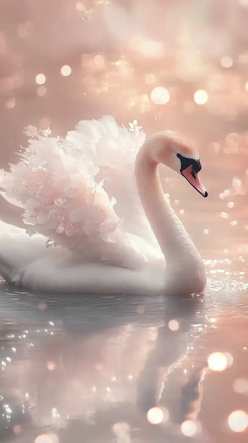 Graceful swan gliding over misty pastel water surface