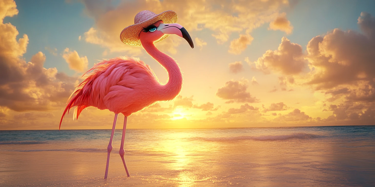 Glamorosa Diva Flamenco en Playa Tropical al Atardecer