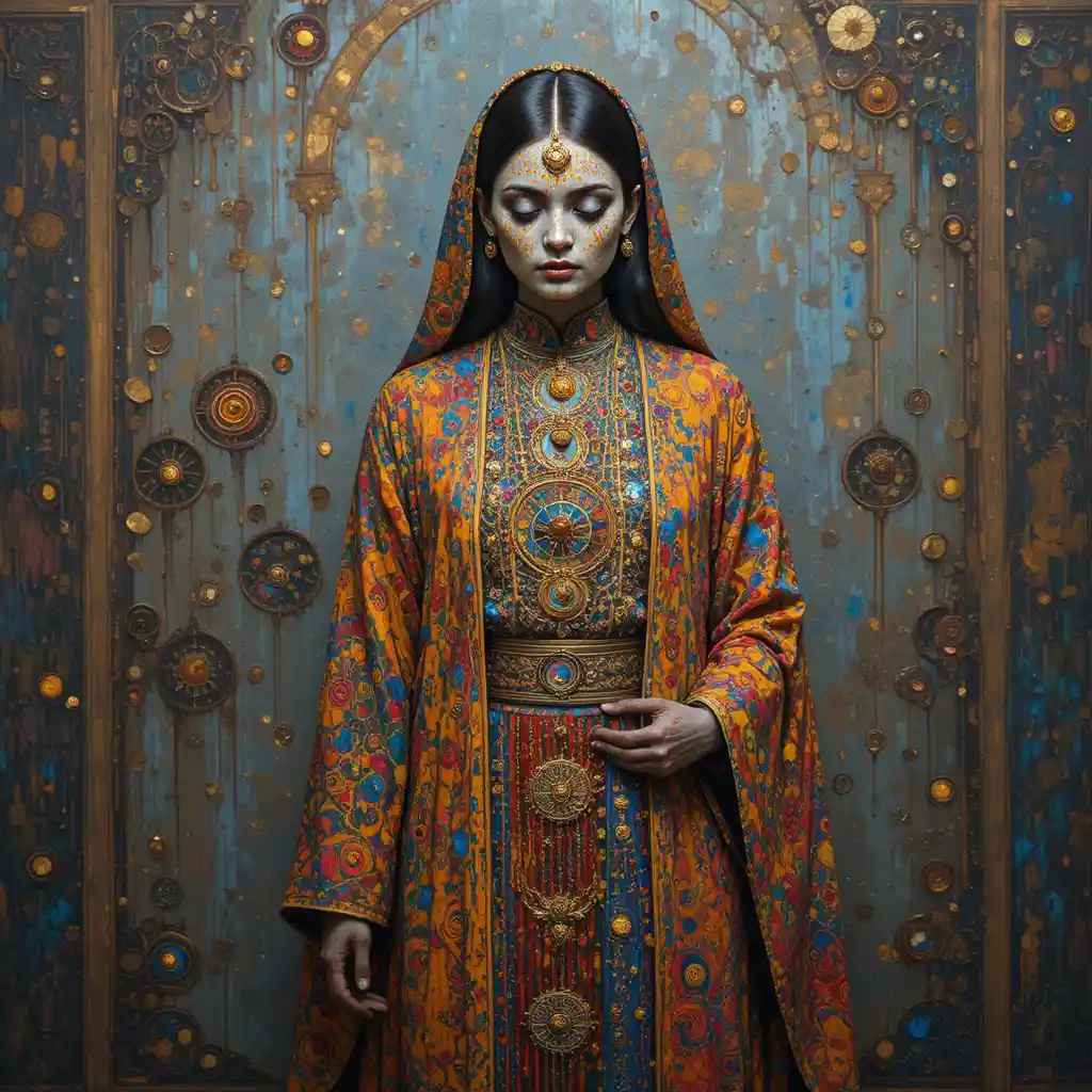 Oracle in a golden ceremonial robe and shifting painted skin