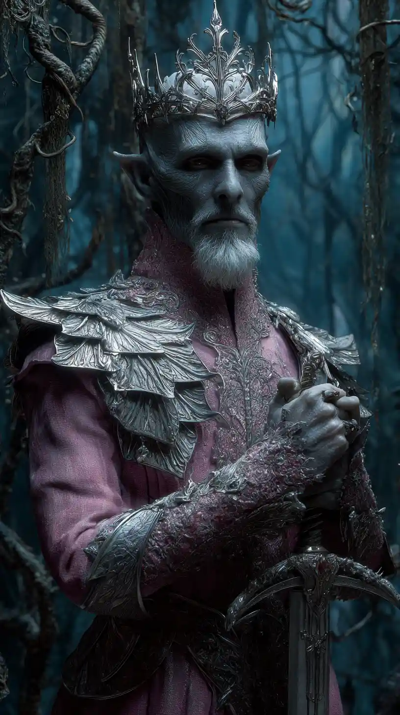 Gothic fantasy warrior in silver armor in enchanted forest