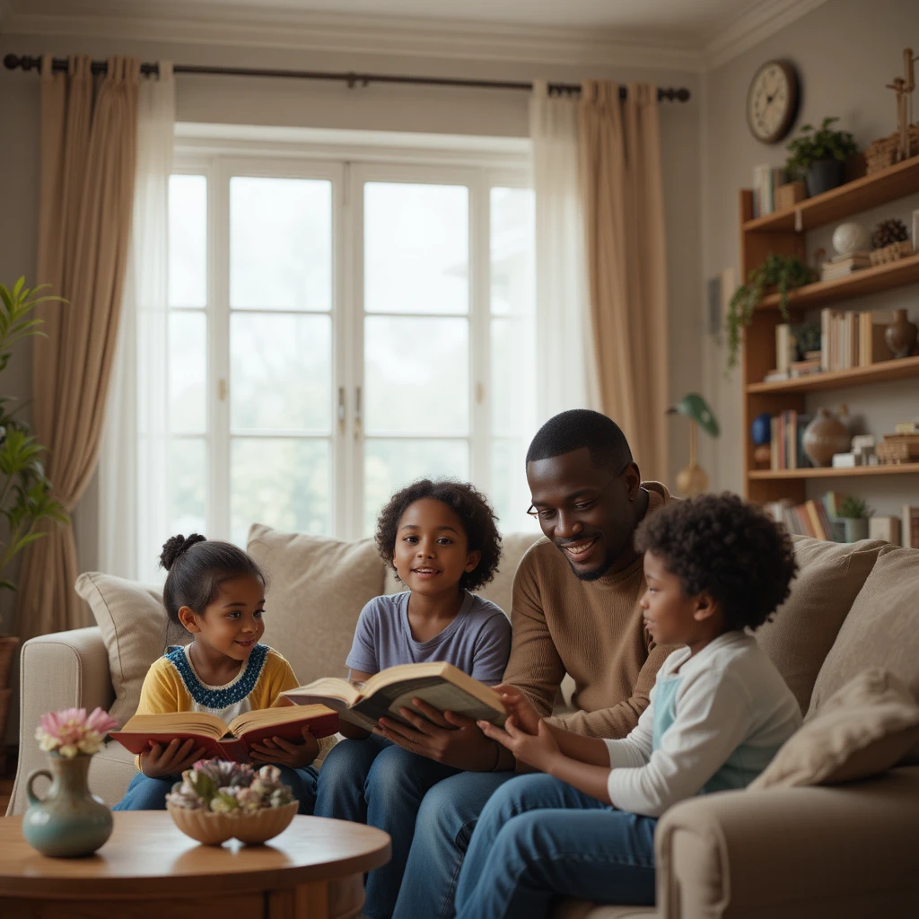 Parents sharing Bible stories with children in living room