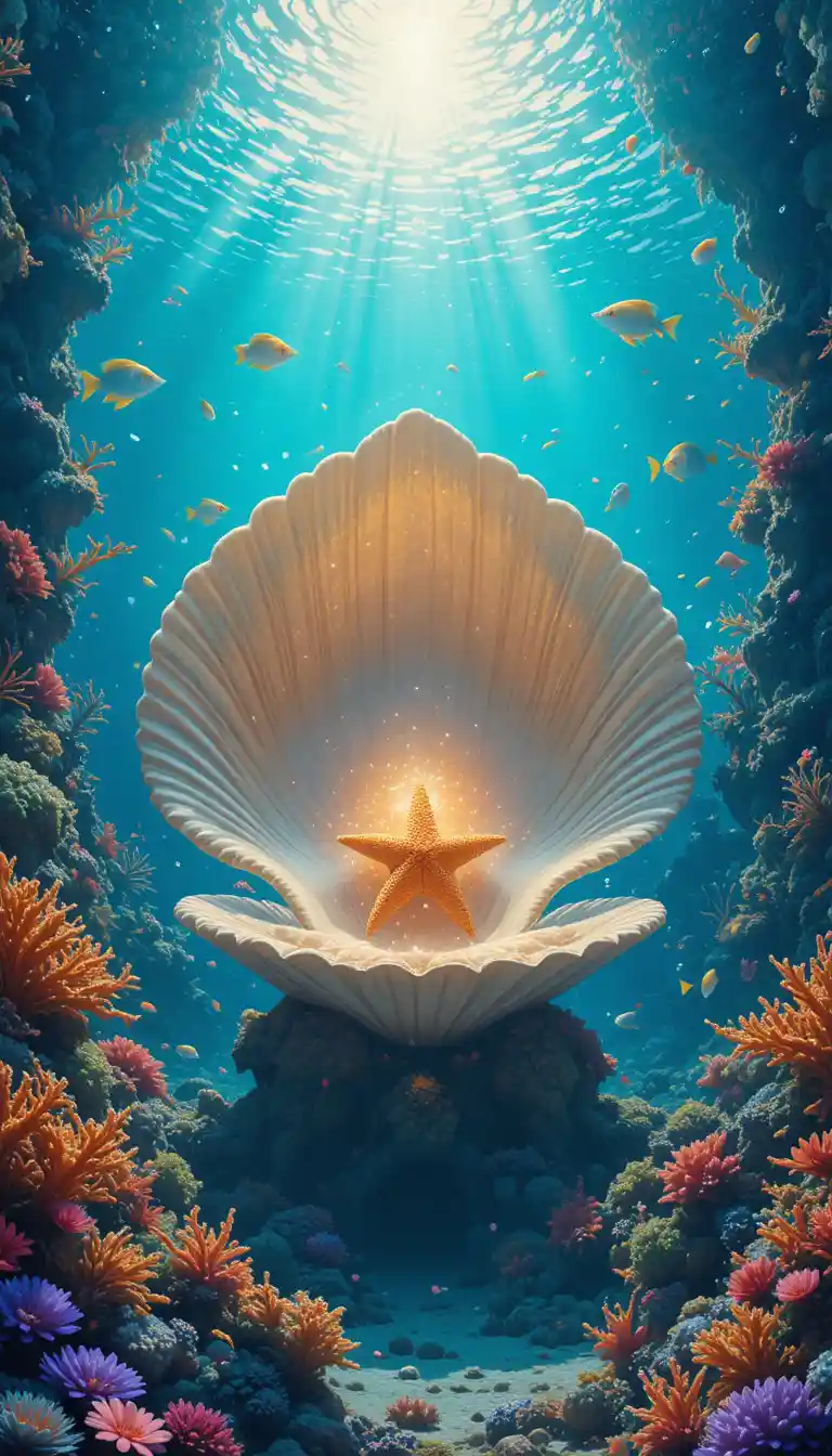 Glowing Seashell Shrine With Luminous Starfish Underwater