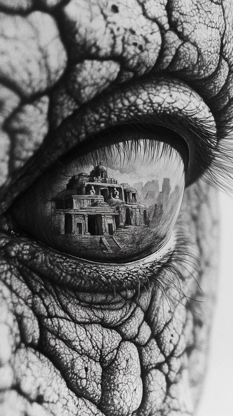 Surreal close up of an elephant eye with ancient ruins