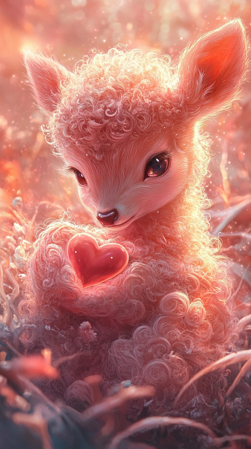Tierna cría de ciervo sosteniendo un corazón brillante en tonos rosas