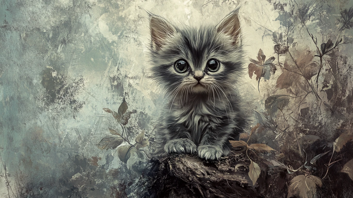 Whimsical gothic kitten on gnarled roots in dreamy forest
