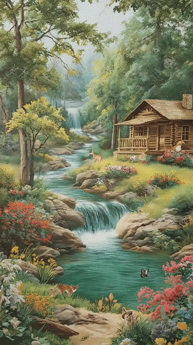 Cozy Riverside Cabin With Waterfall In Summer Forest