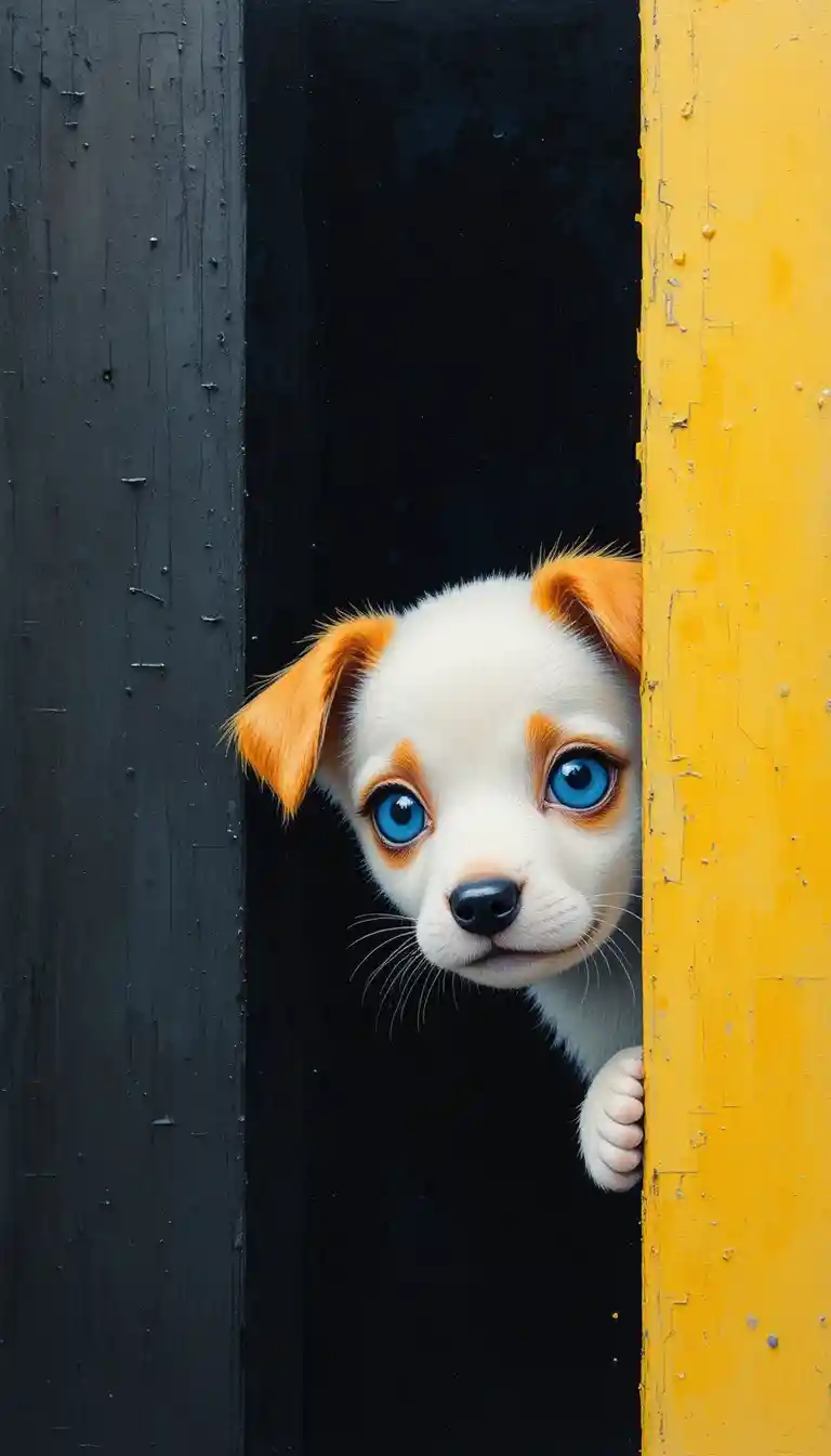 Cute White Puppy Peeking From Behind A Dark Wall