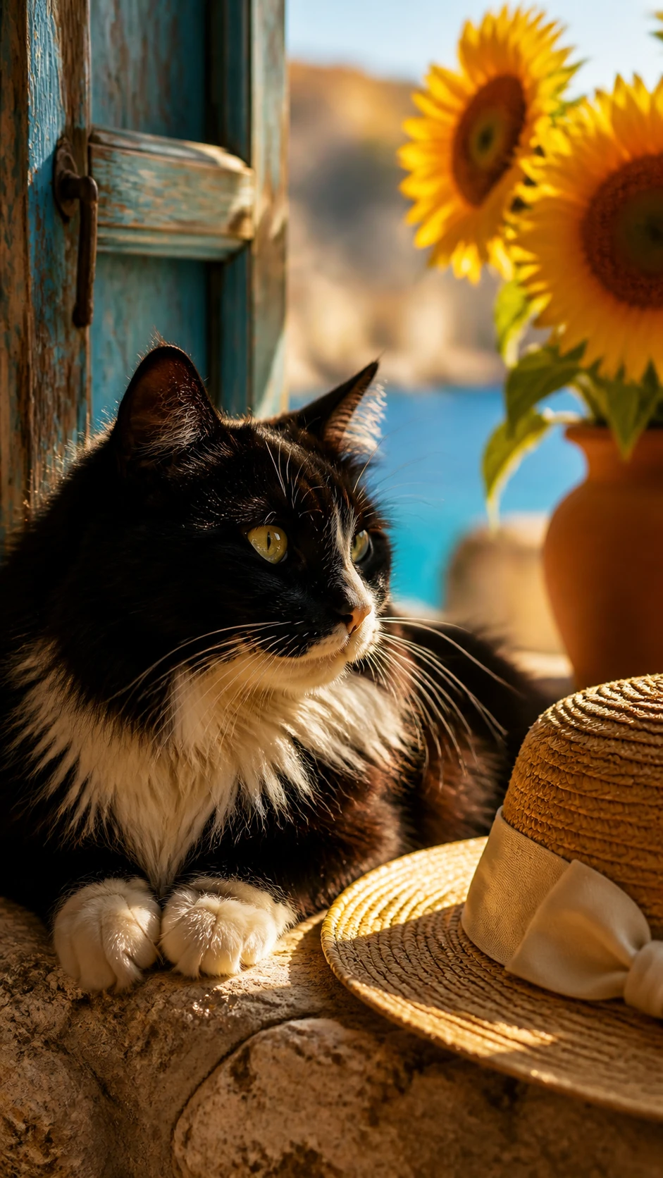 Tuxedo cat resting on sunny limestone window sill