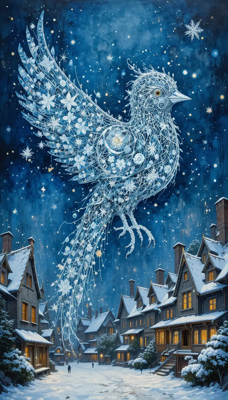 Surreal snowflake bird above an old fairy tale town