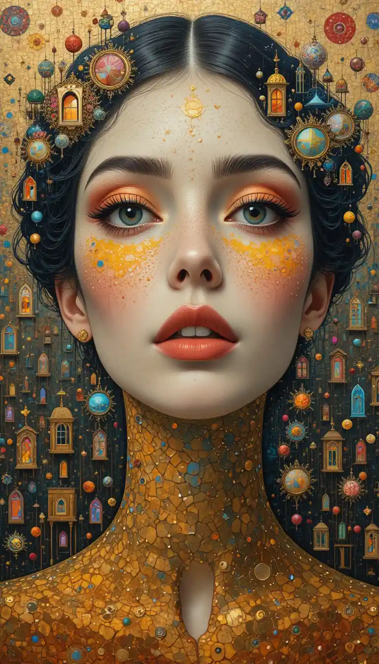 Surreal faces in golden mosaics amid shifting fractal worlds