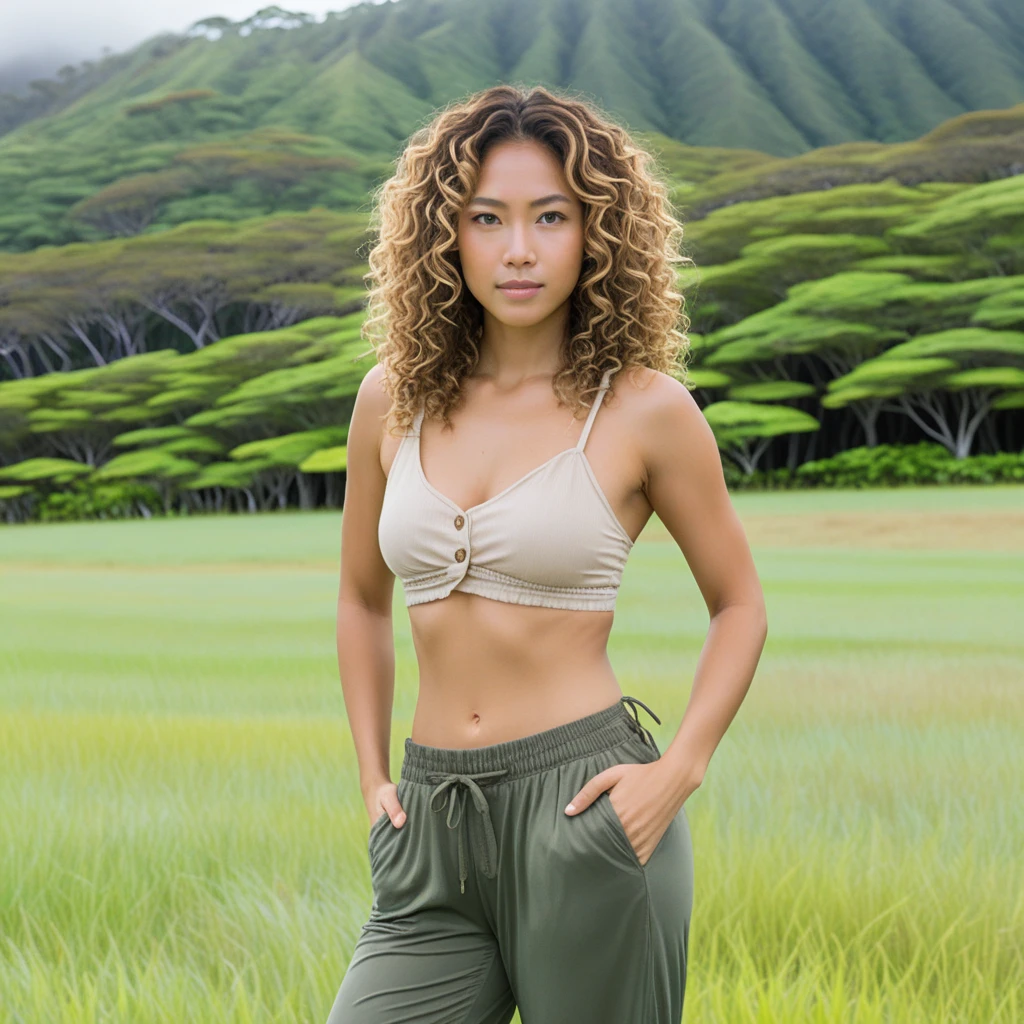 Young woman standing in a grassy field on a cloudy day