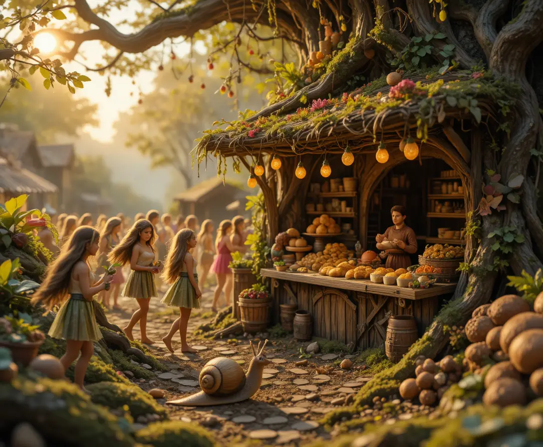 Fairy market at dawn beneath an ancient oak tree