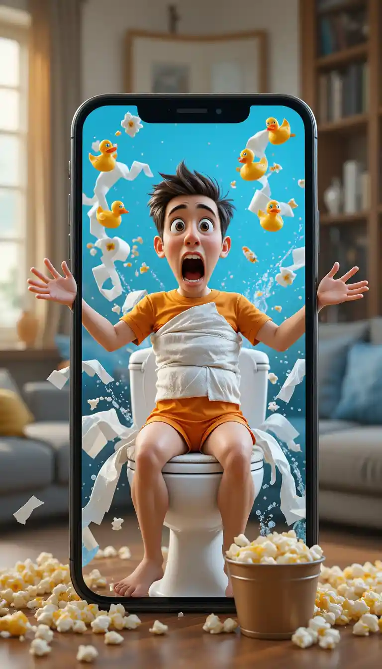 3D cartoon man bursting from smartphone on toilet