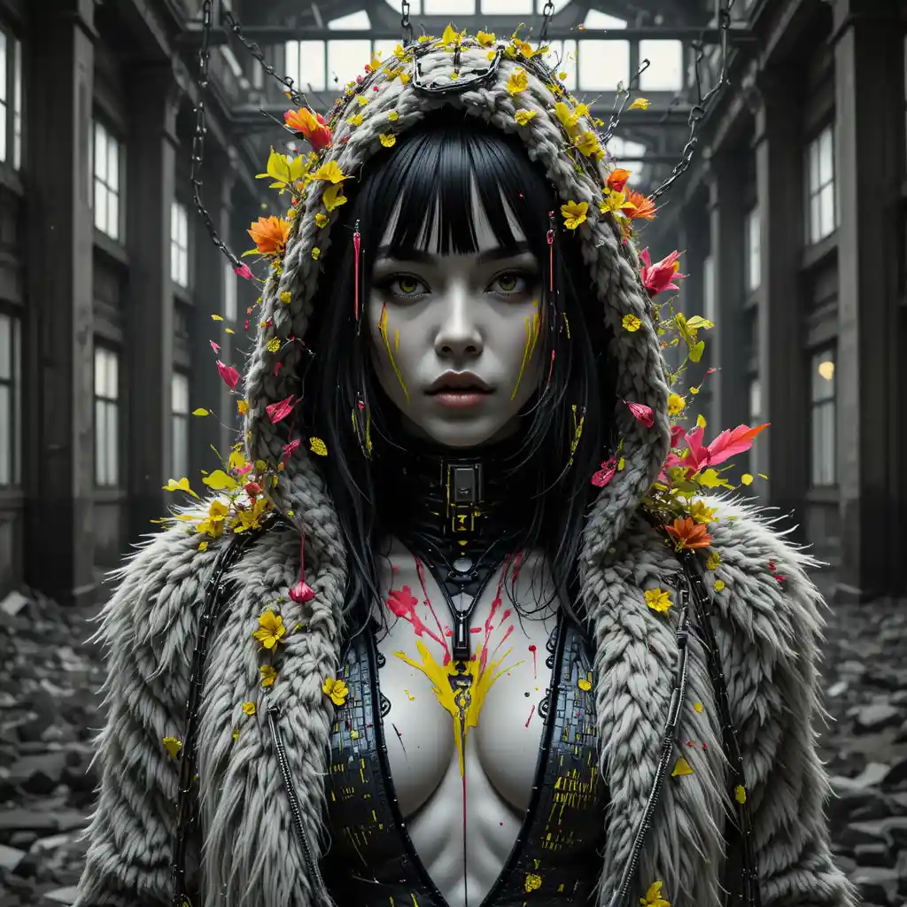 Cyberpunk woman in glitch art close up with vivid paint