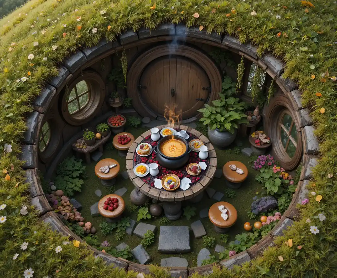 Cozy Hobbit Cottage Interior With Herbs And Hearth