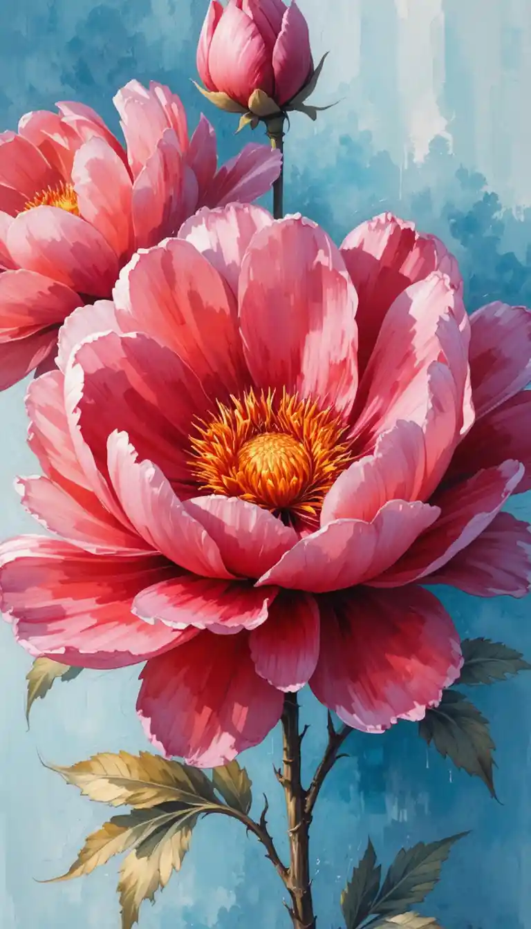 Delicate digital painting of blooming peonies with blue background