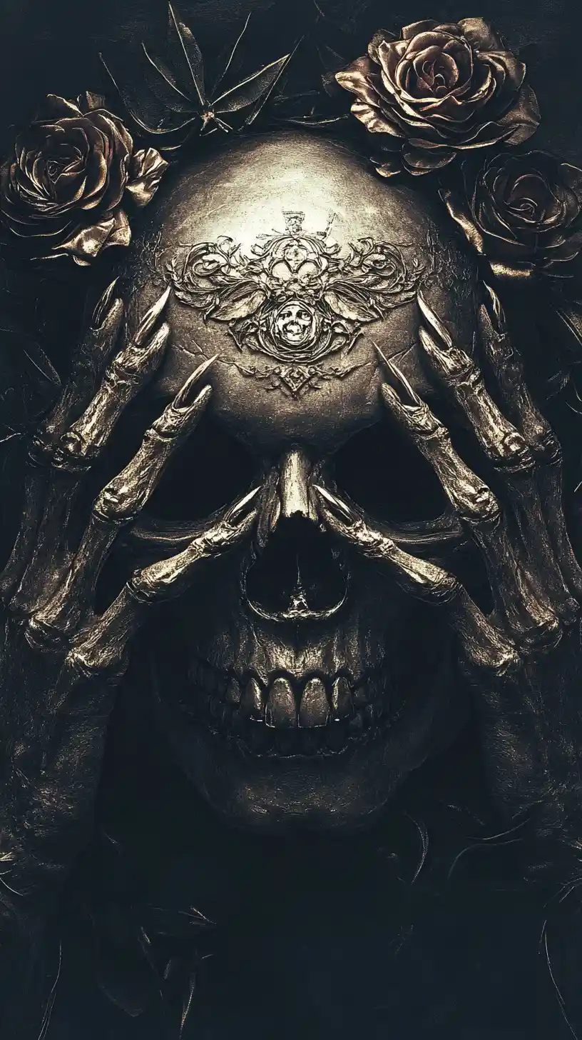 Skull With Covered Eyes And Roses In Dark Glow
